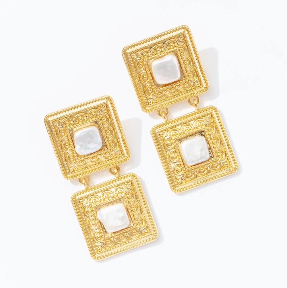 Frasier Sterling High Tea Earrings Statement Drop Dangle Faux Pearl 14K Plated